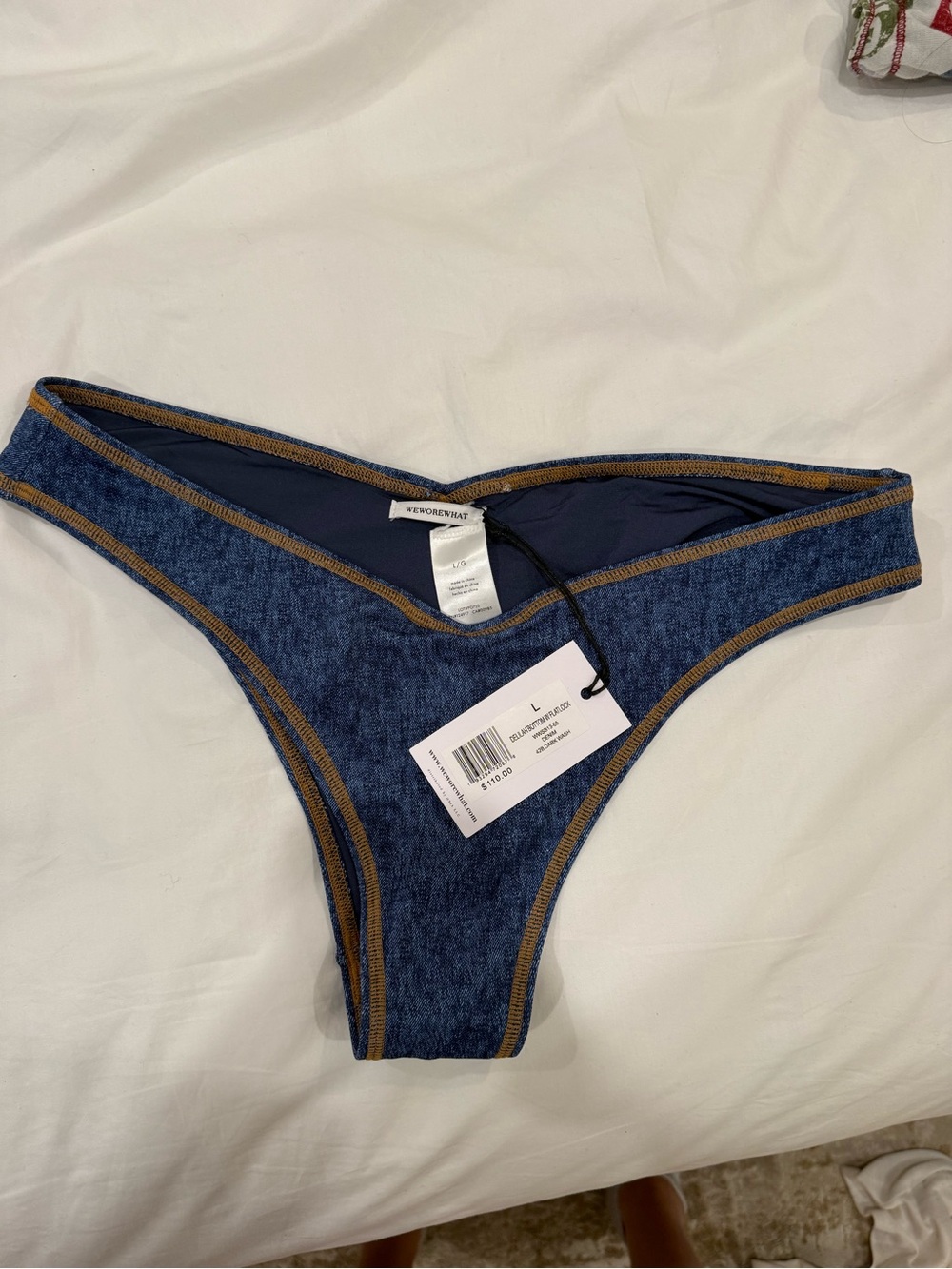 WeWoreWhat Blue Denim Bikini Bottom with Tan Trim